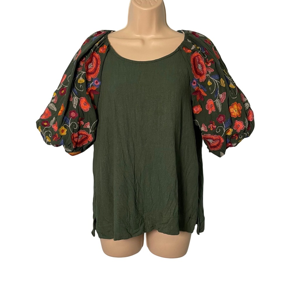 Umgee Floral‎ Embroidered Puff Sleeve Top Size Small Linen Blend Boho